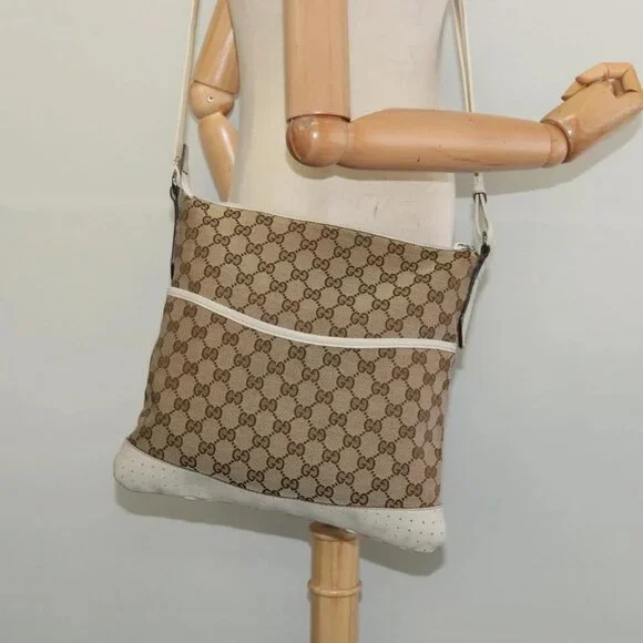 GUCCI GG Canvas Shoulder Bag Beige Silver 145857 Auth th6308